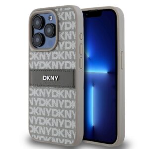 Aizmugurējais vāciņš DKNY - DKNY PU Leather Repeat Pattern Tonal Stripe Case for iPhone 15 Pro Beige 