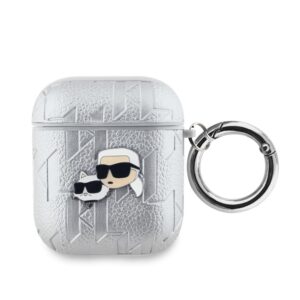 Aizmugurējais vāciņš Karl Lagerfeld - Karl Lagerfeld PU Embossed Karl and Choupette Heads Case for AirPods 1/2 Silver 