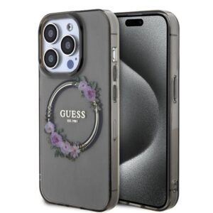 Aizmugurējais vāciņš Guess Apple iPhone 15 Pro PC TPU Flowers Ring Glossy Logo MagSafe Transparent Black