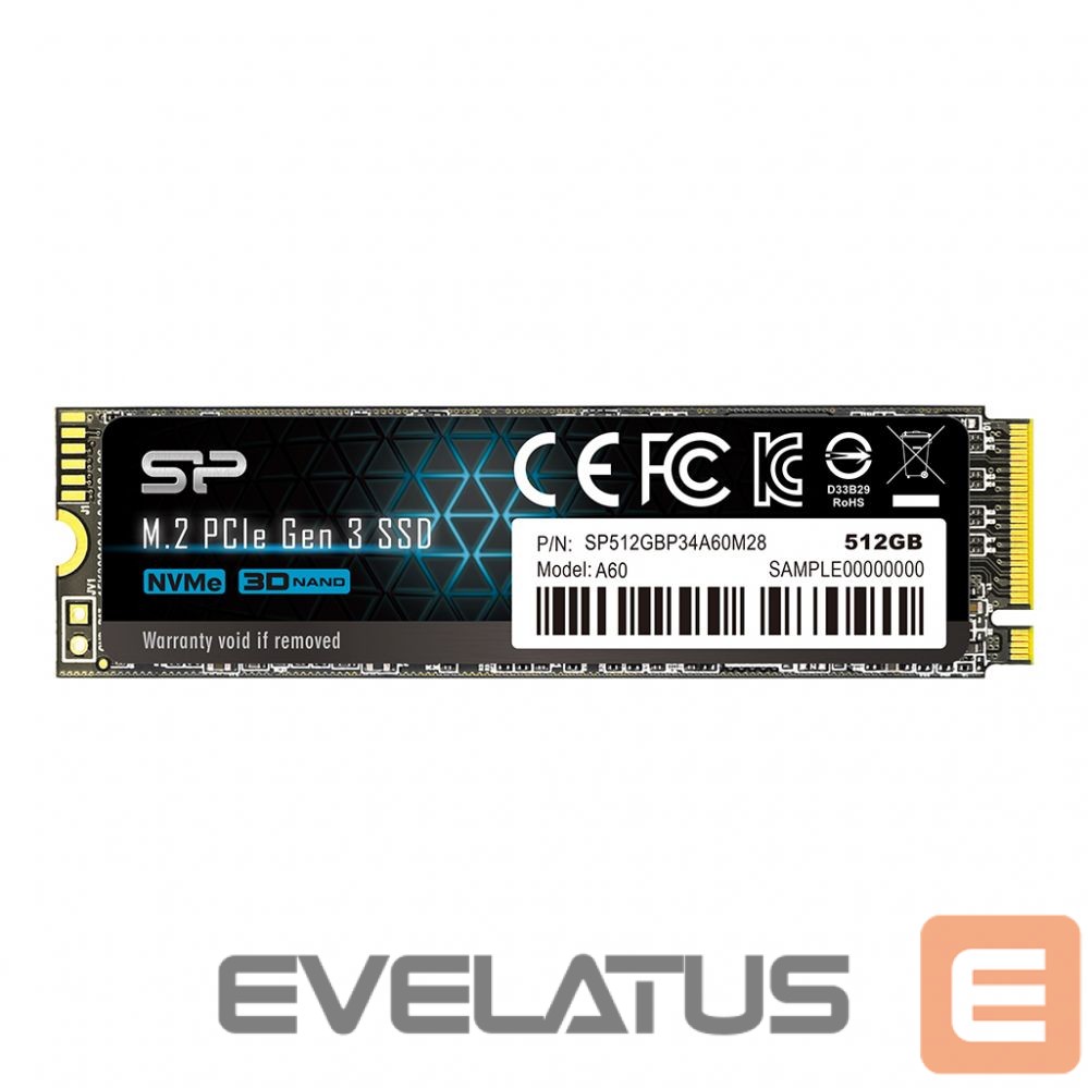 Hard drive SSD Silicon power A60 512 GB, SSD interface M.2 NVME, Write speed 1600 MB/s, Read speed 2200 MB/s