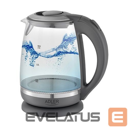 Veekeetja Adler Kettle AD 1286 Standard, 2200 W, 2 L, Plastic/ glass, Grey/ transparent, 360° rotational base