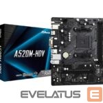 AMD procesoriaus pagrindinė plokštė Asrock  Mainboard||AMD A520|SAM4|MicroATX|1xPCI-Express 3.0 1x|1xPCI-Express 3.0 16x|1xM.2|Memory DDR4|Memory slots 2|1x15pin D-sub|1xDVI|1xHDMI|2xAudio-In|1xAudio-Out|2xUSB 2.0|4xUSB 3.2|1xPS/2|1xRJ45|A520M-HDV 