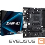 Pamatplate AMD procesorsiem Asrock  Mainboard||AMD A520|SAM4|MicroATX|1xPCI-Express 3.0 1x|1xPCI-Express 3.0 16x|1xM.2|Memory DDR4|Memory slots 2|1x15pin D-sub|1xHDMI|2xAudio-In|1xAudio-Out|2xUSB 2.0|4xUSB 3.2|1xPS/2|1xRJ45|A520M-HVS 