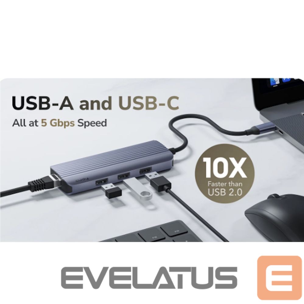 Ruuterid Cudy UH606 PortMate USB-C 6-in-1 Hub 4K 60Hz HDMI Gigabit LAN 3x USB-A Power Input Grey