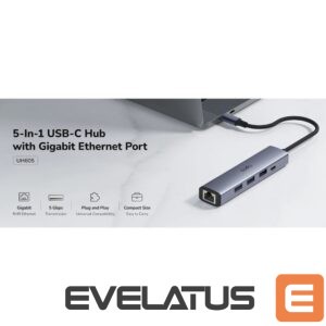 Rūteris Cudy  UH605 USB-C 5-in-1 Hub Gigabit LAN 3x USB-A 3.0 Power Input Aluminum Grey 