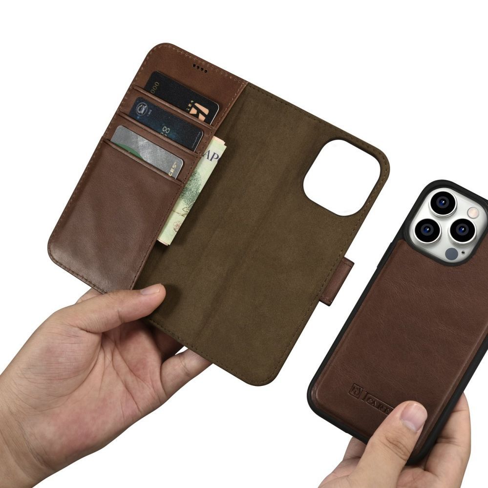 Tagakaaned iCarer iCarer Oil Wax Wallet Case 2in1 Cover iPhone 14 Pro Anti-RFID Leather Flip Case Brown (WMI14220722-BN)