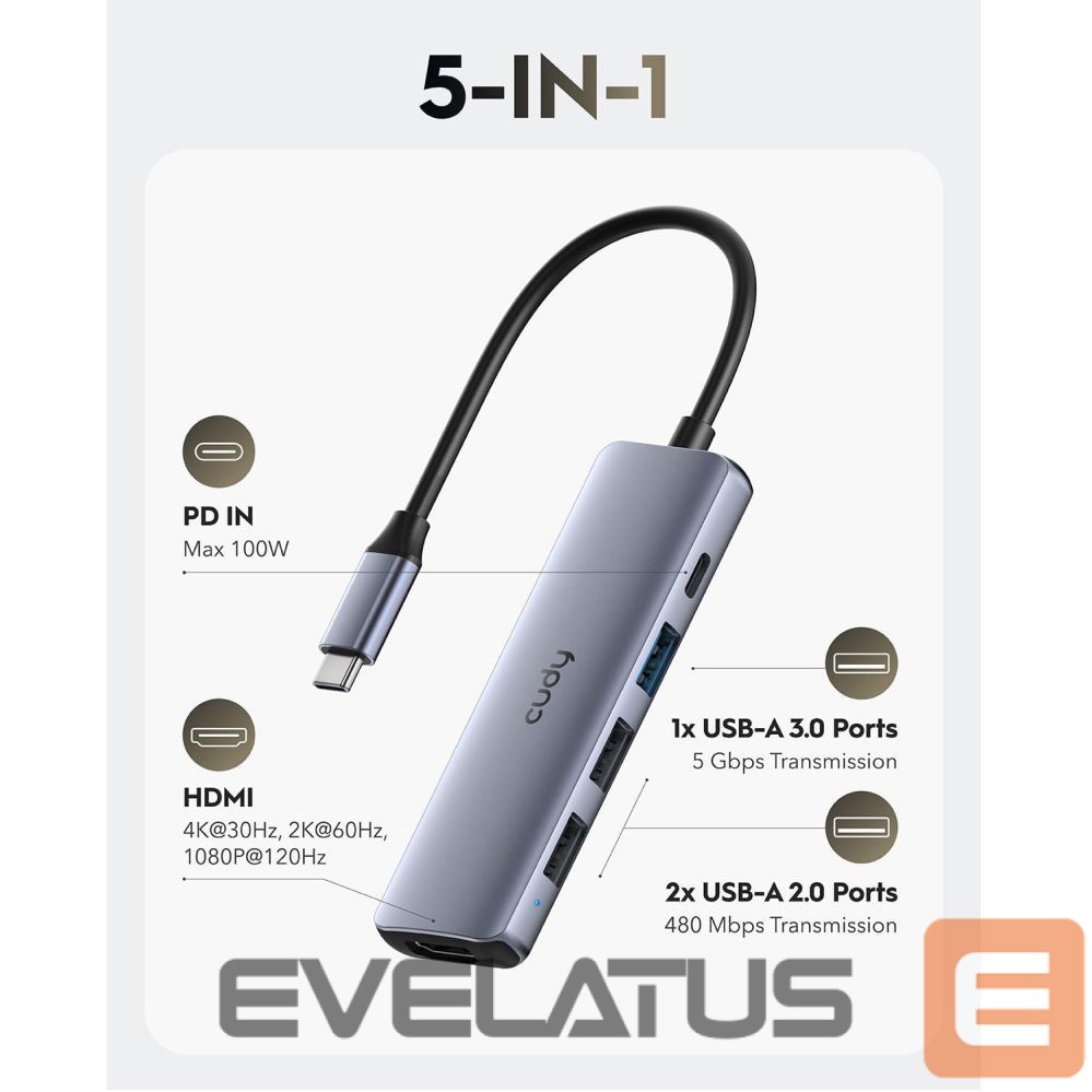 Ruuterid Cudy UH405 PortMate USB-C 5-in-1 Hub 4K HDMI USB-C PD USB-A 3.0 2.0 Aluminum Grey
