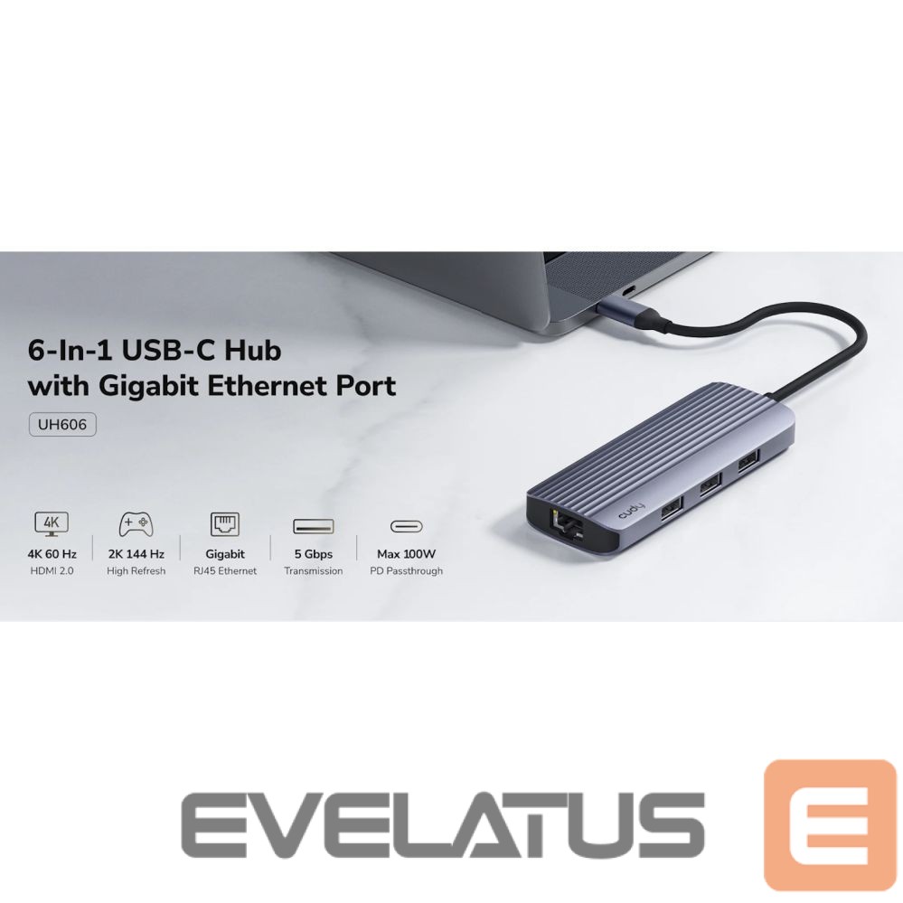 Ruuterid Cudy UH606 PortMate USB-C 6-in-1 Hub 4K 60Hz HDMI Gigabit LAN 3x USB-A Power Input Grey