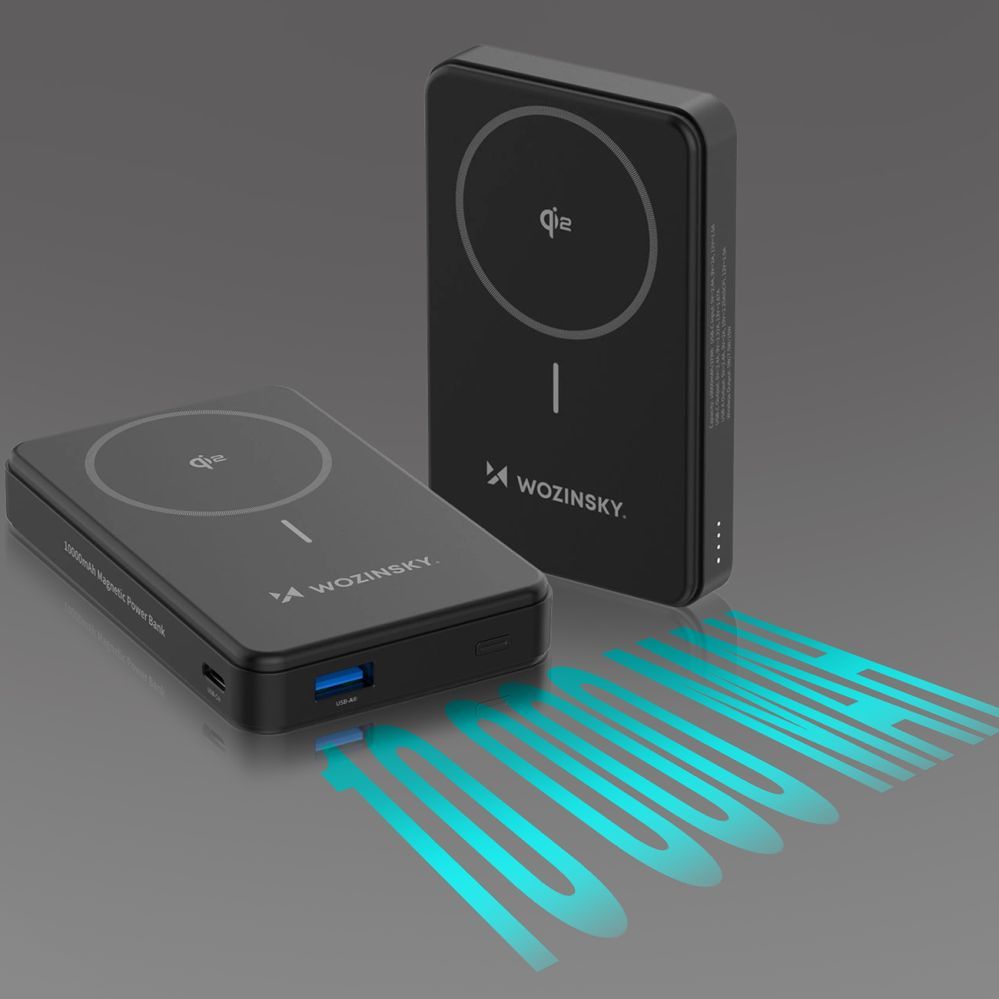 Ārējais akumulators Wozinsky Powerbank Wozinsky WLWP-10KA0Y3S 22.5W PD Qi2 10000 mAh, with stand, 1x USB-A, 1x USB-C - black