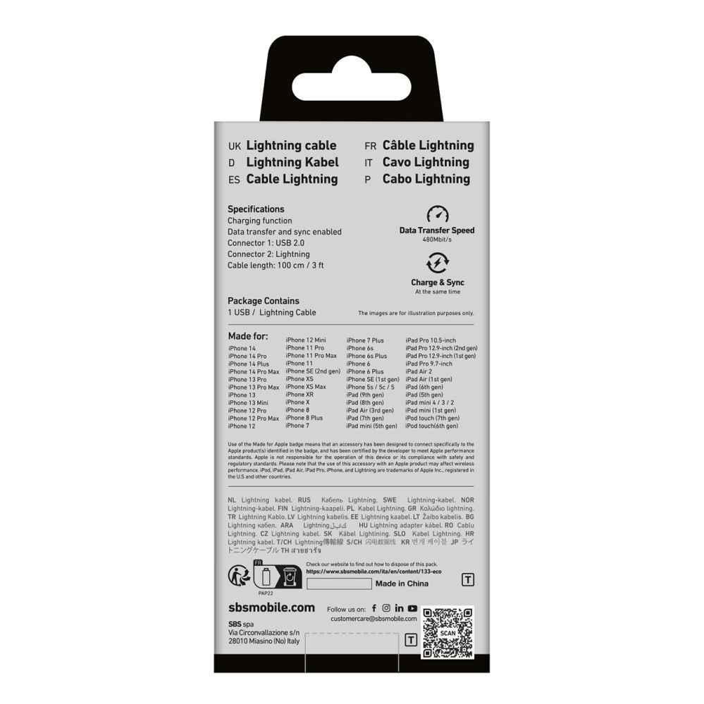 Kabelis SBS SBS TECABLEUSBIP589W USB-A - Lightning Cable - White