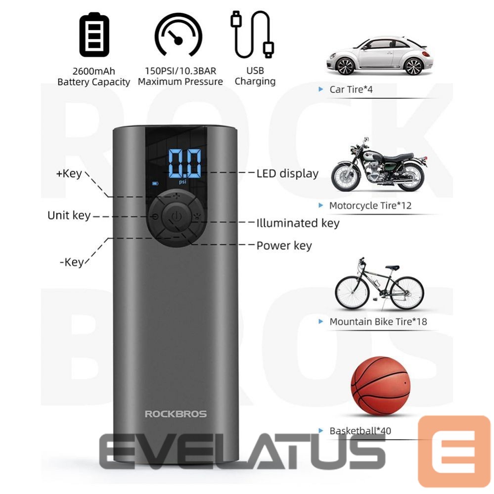 Bicycle accessory Rockbros Rockbros 42720001001 Electric Bike Pump with LED Display + USB-C - USB-A Cable - Black