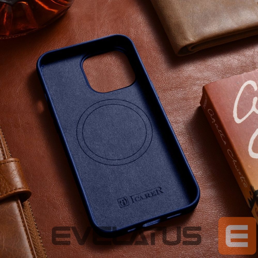 Aizmugurējais vāciņš iCarer iCarer Case Leather Cover Genuine Leather Case for iPhone 14 Pro Max blue (WMI14220708-BU) (MagSafe compatible)