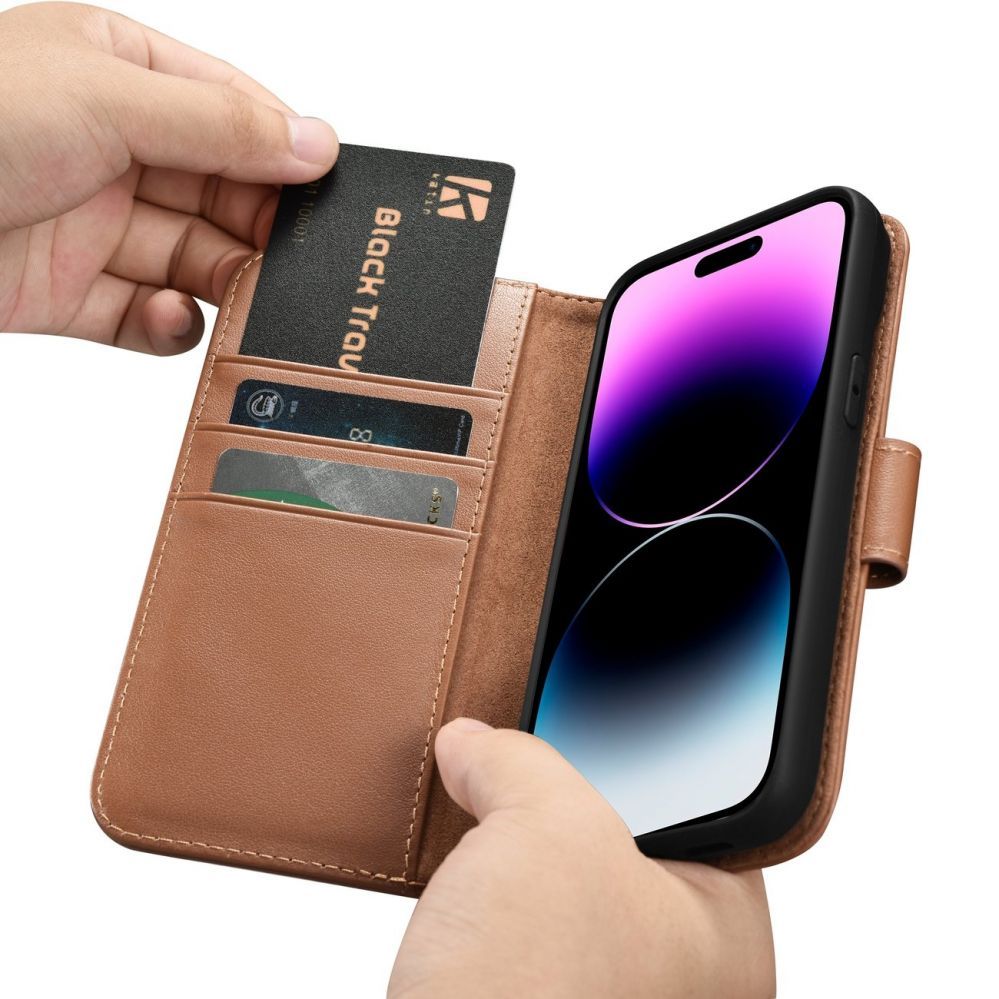 Tagakaaned iCarer iCarer Wallet Case 2in1 Cover iPhone 14 Pro Max Leather Flip Cover Anti-RFID Brown (WMI14220728-BN)
