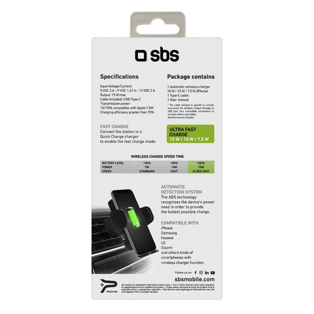 Auto holder SBS SBS TESUPWIR15WAUT smartphone holder with wireless charger for air vent - black