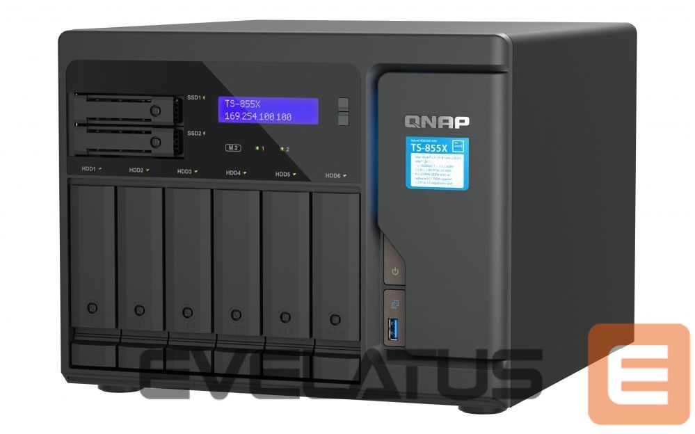 Flash drive QNAP 8-Bay desktop NAS TS-855X-8G C5125 8-core, Processor frequency 2.8 GHz, 8 GB, 1x USB 2.0 port, 3x USB 3.2 Gen 1, 2.5 Gigabit Ethernet (2.5G/1G/100M) 2 (2.5G/1G/100M/10M), 10 Gigabit Ethernet 1 x 10GBASE-T