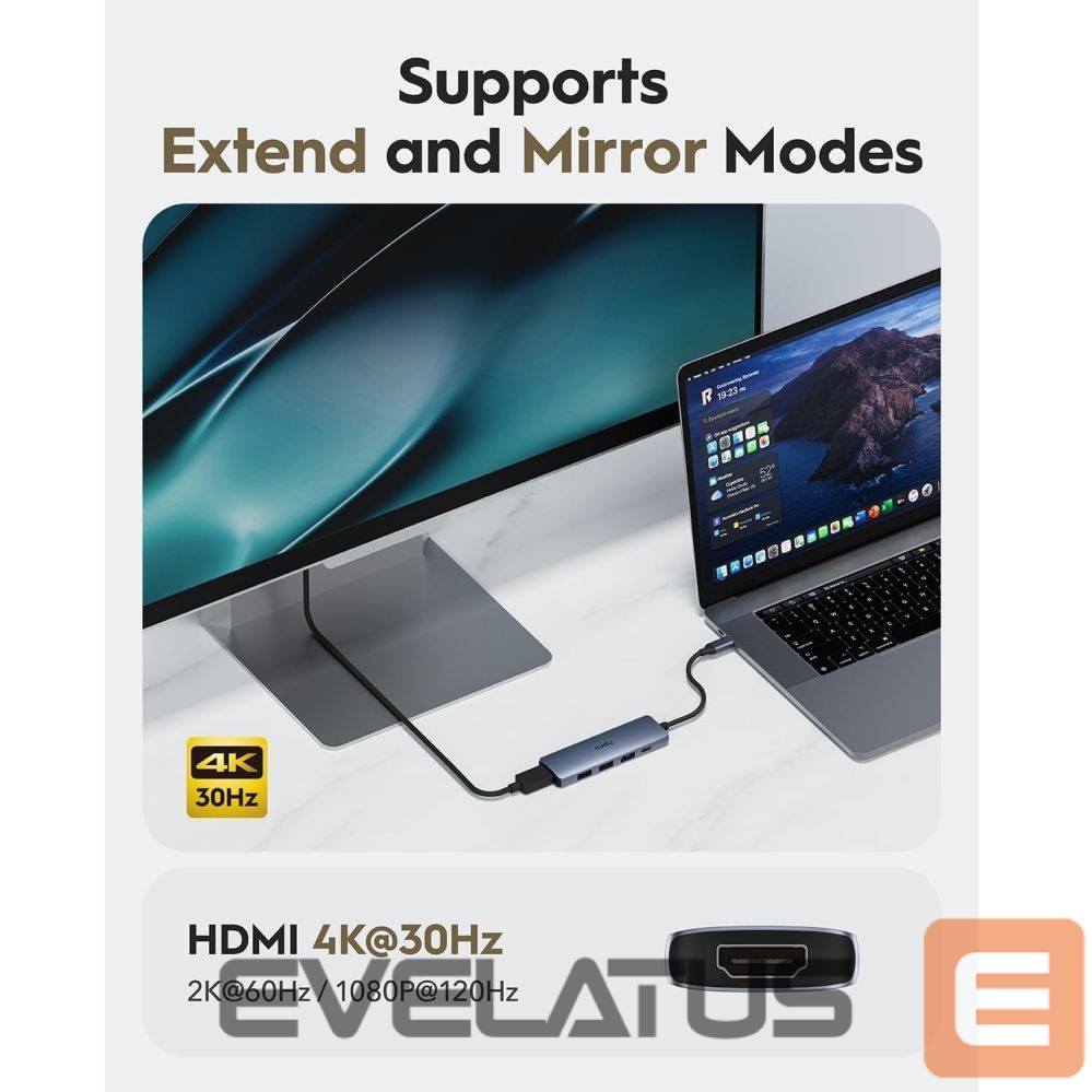 Ruuterid Cudy UH405 PortMate USB-C 5-in-1 Hub 4K HDMI USB-C PD USB-A 3.0 2.0 Aluminum Grey