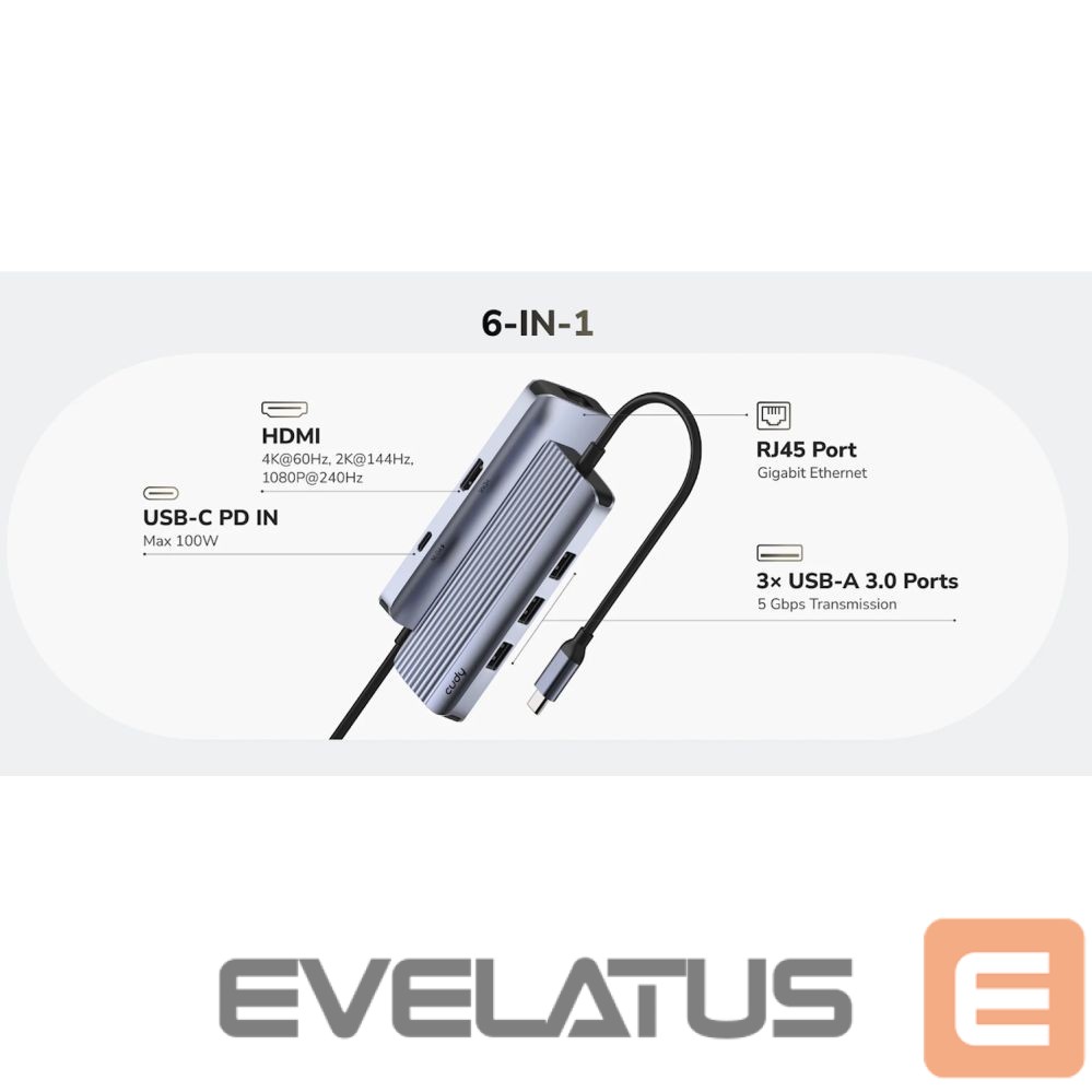 Ruuterid Cudy UH606 PortMate USB-C 6-in-1 Hub 4K 60Hz HDMI Gigabit LAN 3x USB-A Power Input Grey