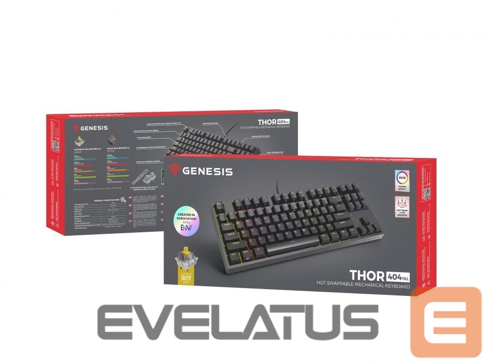 Arvuti klaviatuur Genesis Mechanical Gaming Keyboard THOR 404 TKL RGB Mechanical Gaming Keyboard Wired US Gateron Yellow Pro USB Type-A 1005 g