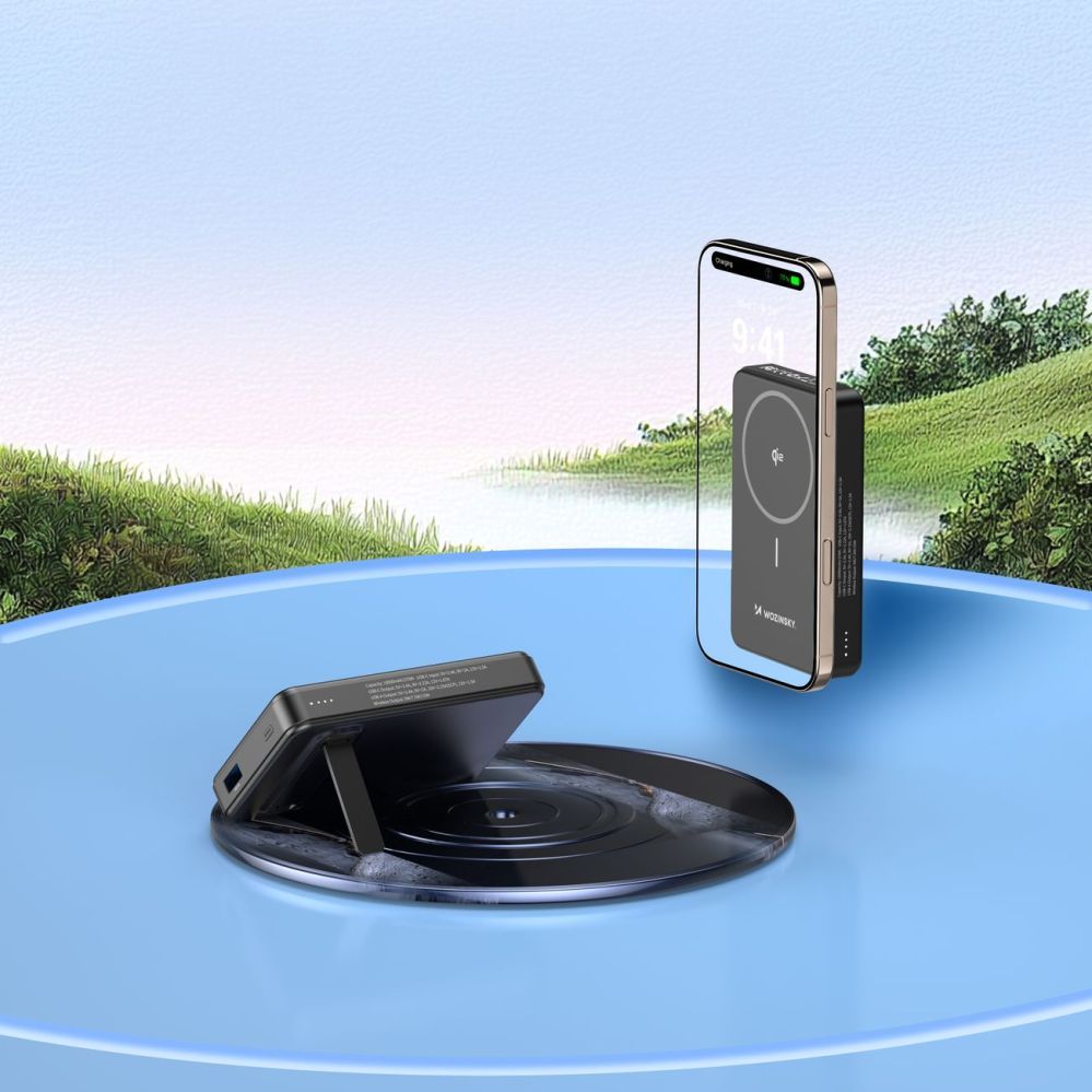 Ārējais akumulators Wozinsky Powerbank Wozinsky WLWP-10KA0Y3S 22.5W PD Qi2 10000 mAh, with stand, 1x USB-A, 1x USB-C - black