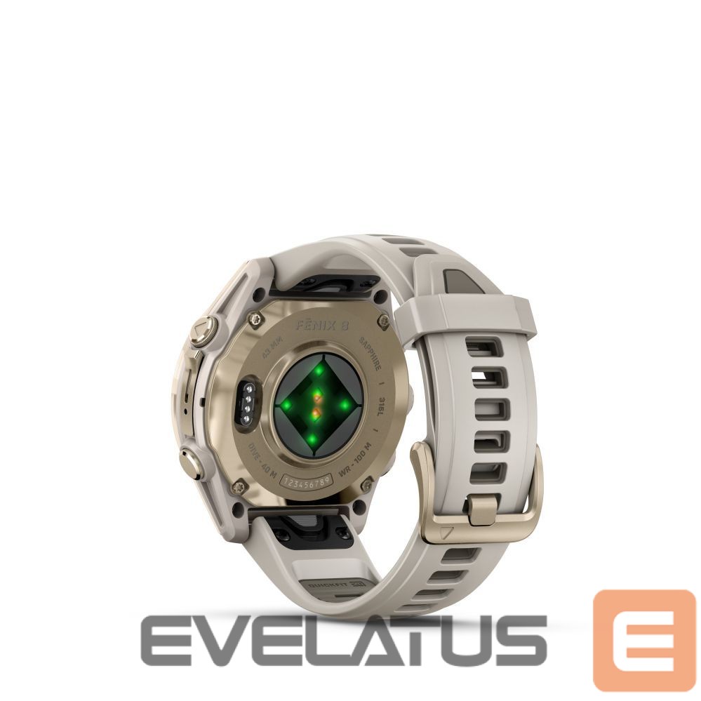 Nutikell Garmin Fenix 8 – 43 mm, AMOLED Sapphire, Soft Gold with Fog grey/dark sandstone silicone band/ 010-02903-11