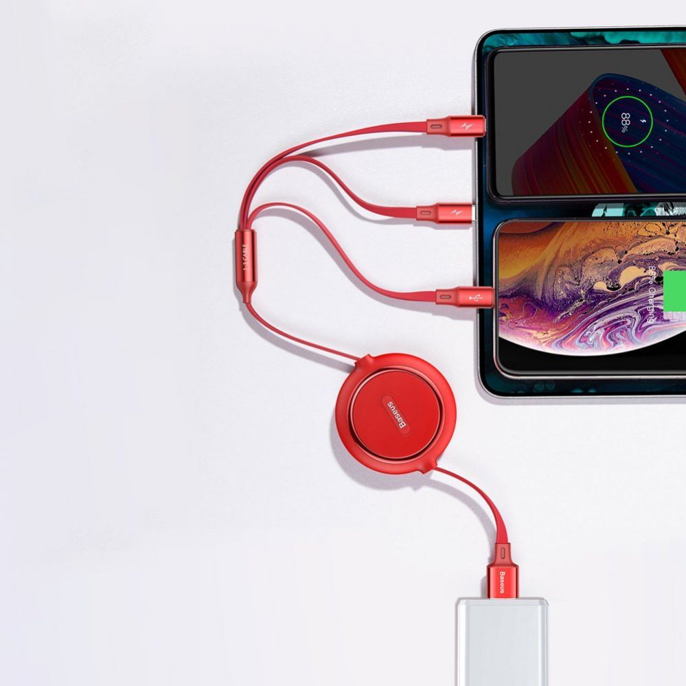 Cable Baseus Baseus Golden Loop 3in1 retractable cable USB - micro USB / Lightning / USB-C 3.5A 35cm - 120cm black (CAMLT-JH01)