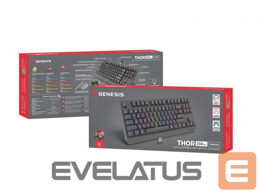 Arvuti klaviatuur Genesis THOR 230 | Mechanical Gaming Keyboard | Wireless | US | Black | 2.4 GHz, Bluetooth, USB | Outemu Red