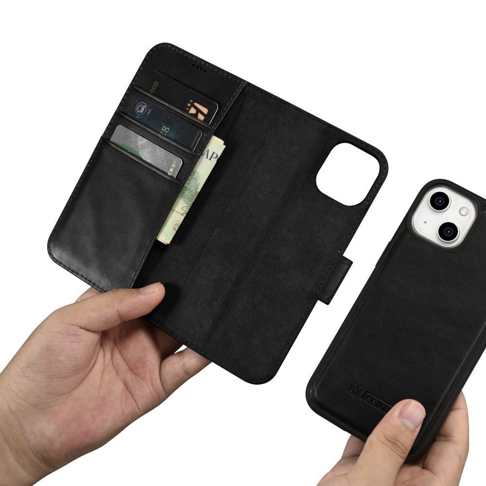 Back panel cover iCarer iCarer Oil Wax Wallet Case 2in1 Cover iPhone 14 Plus Anti-RFID Leather Flip Case Black (WMI14220723-BK)