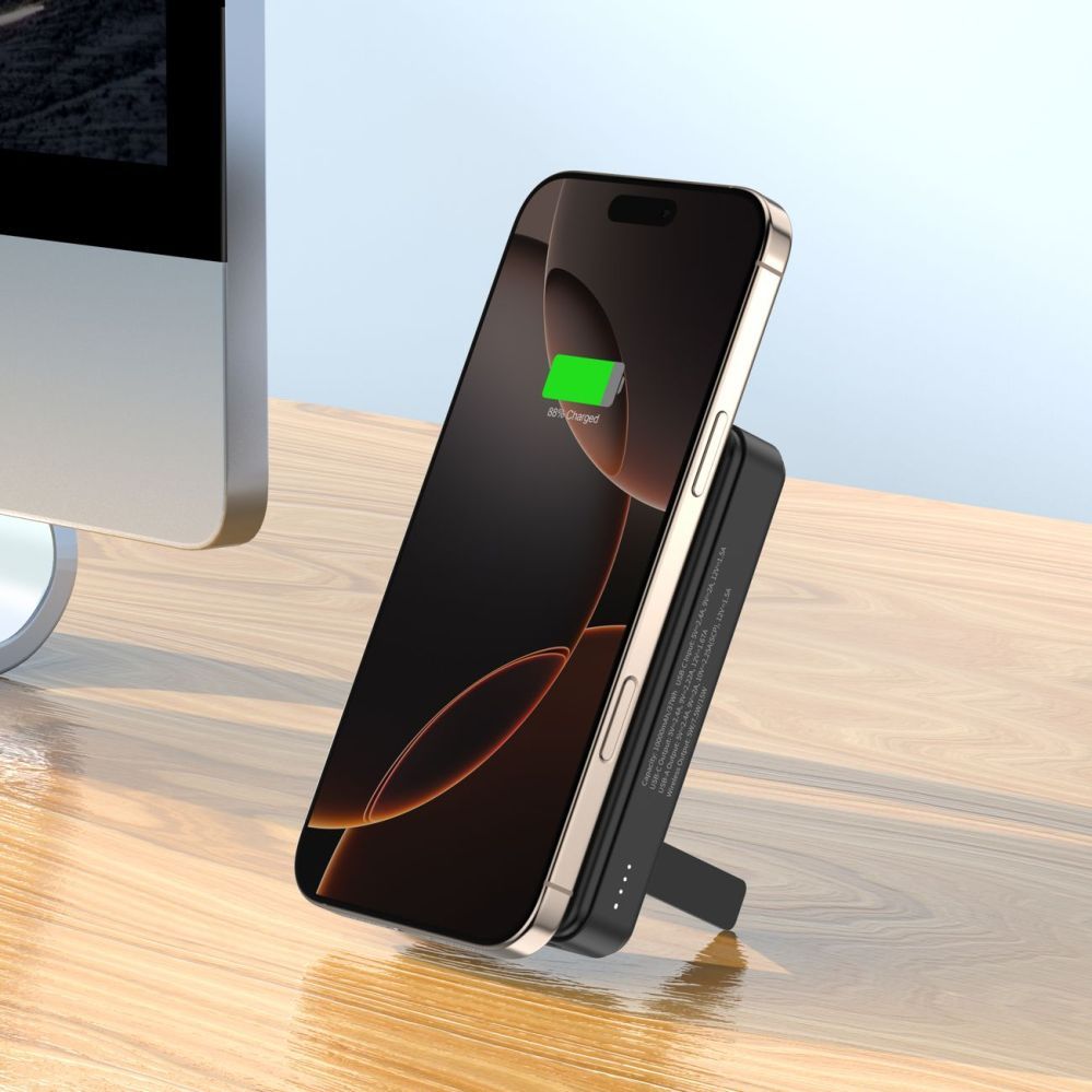 Ārējais akumulators Wozinsky Powerbank Wozinsky WLWP-10KA0Y3S 22.5W PD Qi2 10000 mAh, with stand, 1x USB-A, 1x USB-C - black