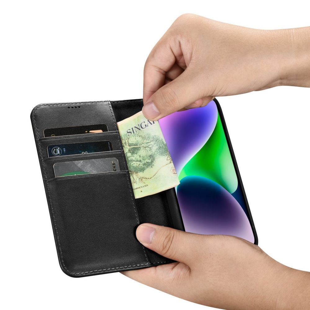 Tagakaaned iCarer - iCarer Wallet Case 2in1 Cover iPhone 14 Plus Anti-RFID Leather Flip Case Black (WMI14220727-BK)