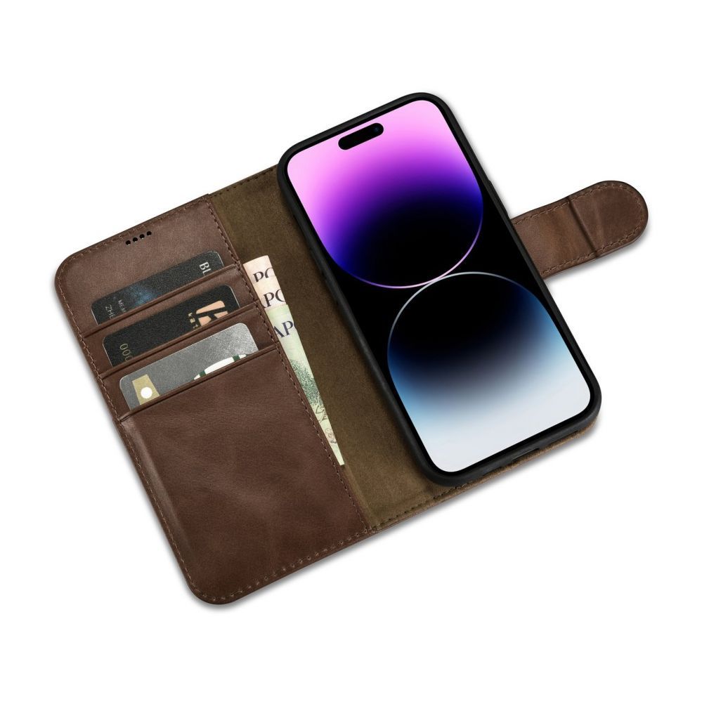 Tagakaaned iCarer iCarer Oil Wax Wallet Case 2in1 Cover iPhone 14 Pro Anti-RFID Leather Flip Case Brown (WMI14220722-BN)