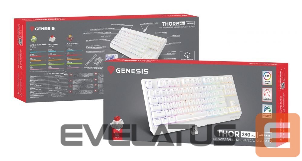 Arvuti klaviatuur Genesis THOR 230 | Mechanical Gaming Keyboard | Wireless | US | White | 2.4 GHz, Bluetooth, USB | Outemu Red