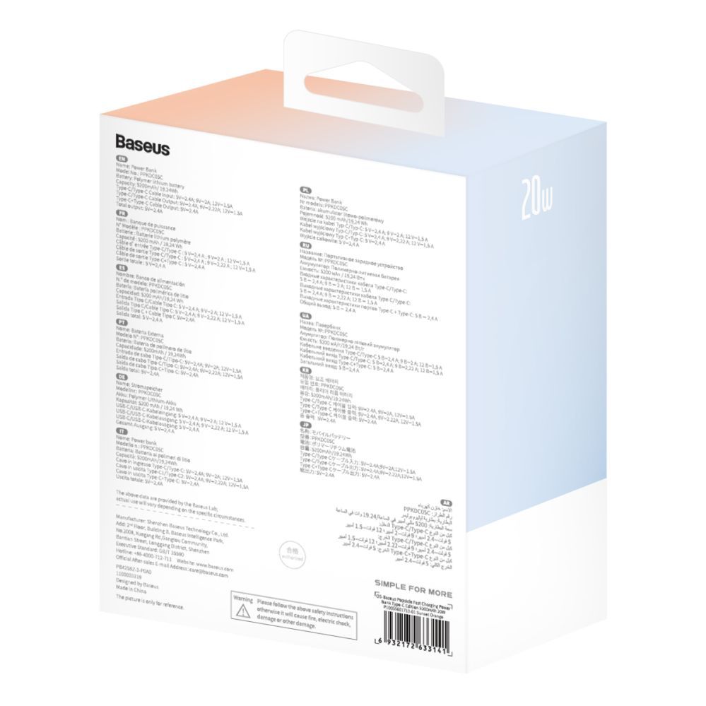 Väline aku Baseus Baseus Popsicle 5200mAh 20W Powerbank with Built-in Lightning Cable (+ White Baseus Simple USB-C - USB-C 60W/20V/3A/30cm Cable) - Blue-Orange