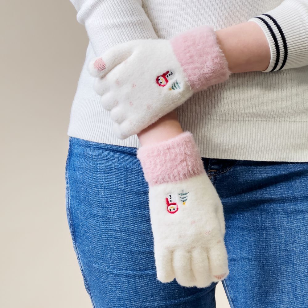 Jalgratta tarvik Hurtel Women's winter telephone gloves with a snowman and a Christmas tree - white and pink