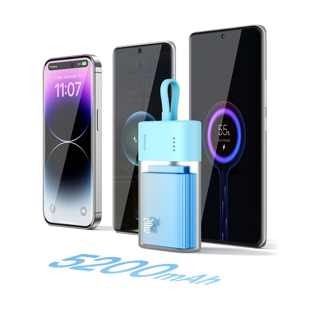 Väline aku Baseus Baseus Popsicle 5200mAh 20W Powerbank with Built-in Lightning Cable (+ White Baseus Simple USB-C - USB-C 60W/20V/3A/30cm Cable) - Blue-Orange