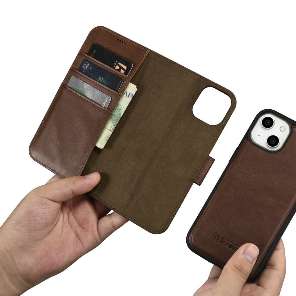 Aizmugurējais vāciņš iCarer iCarer Oil Wax Wallet Case 2in1 Case iPhone 14 Leather Flip Cover Anti-RFID Brown (WMI14220721-BN)