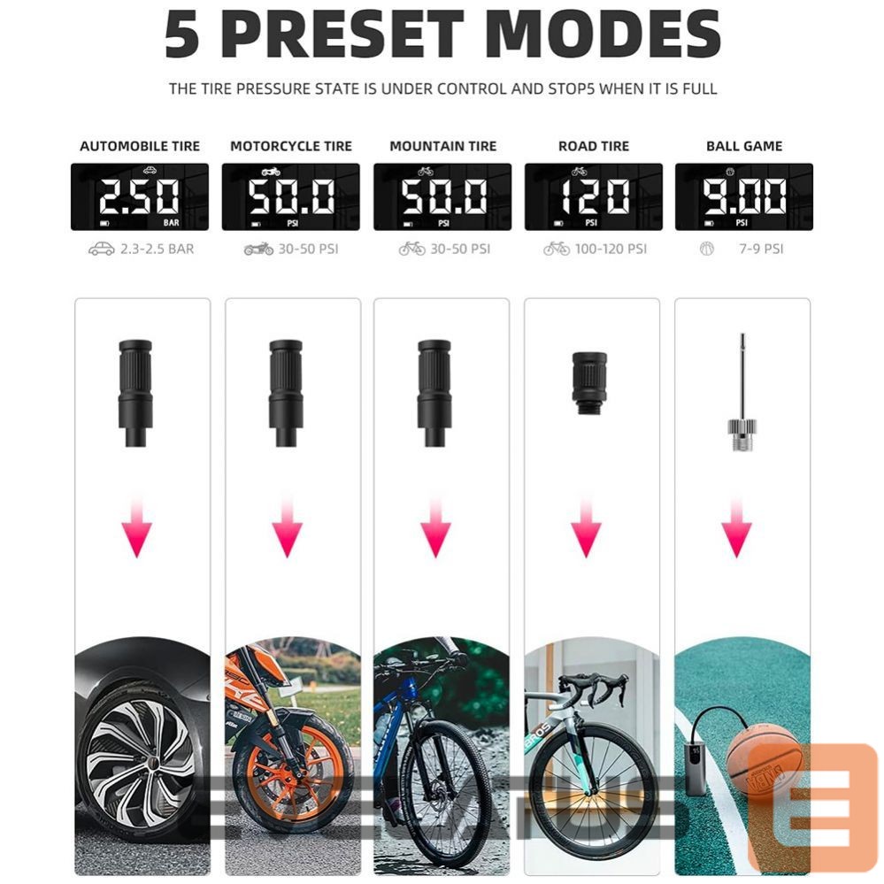 Bicycle accessory Rockbros Rockbros 42720001001 Electric Bike Pump with LED Display + USB-C - USB-A Cable - Black