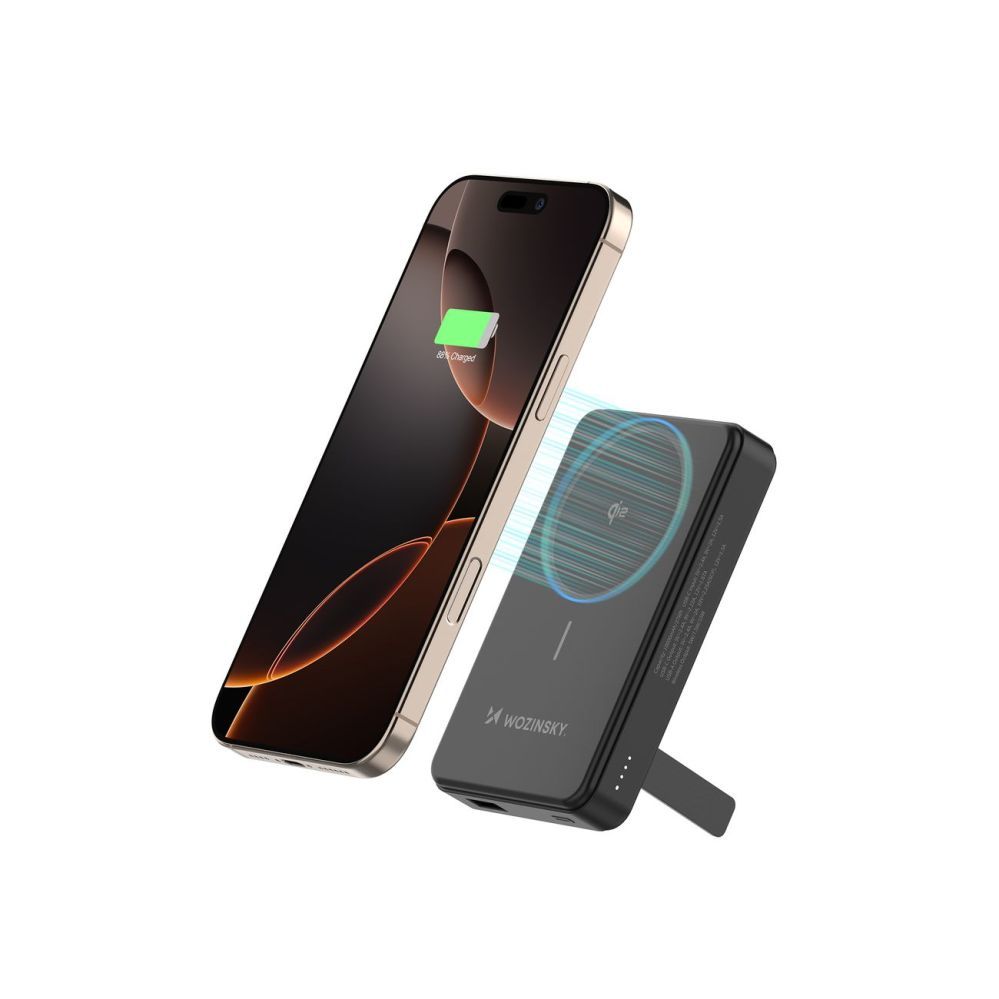 Ārējais akumulators Wozinsky Powerbank Wozinsky WLWP-10KA0Y3S 22.5W PD Qi2 10000 mAh, with stand, 1x USB-A, 1x USB-C - black