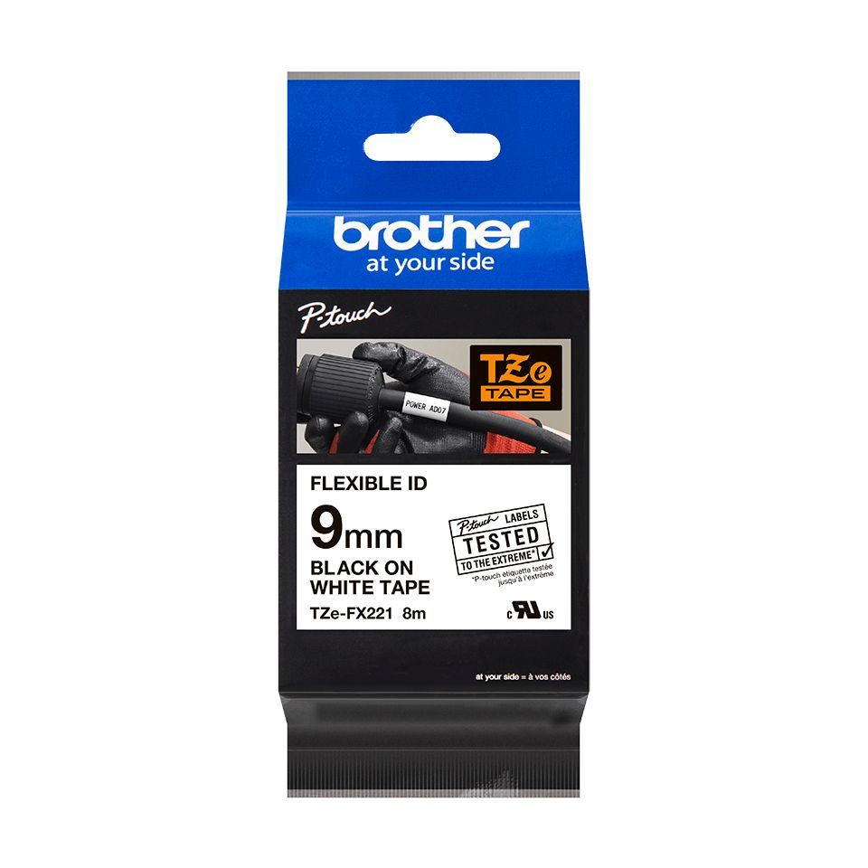 Printer accessories Brother TZe-FX221 Flexible ID Laminated Tape Black on White, TZe, 0.9 cm, 8 m
