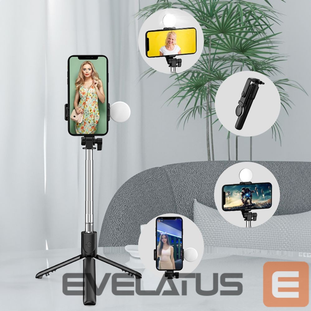 Kaameratarvik Hurtel Selfie stick WR1YXS telescopic tripod 0.71m with round lamp - black