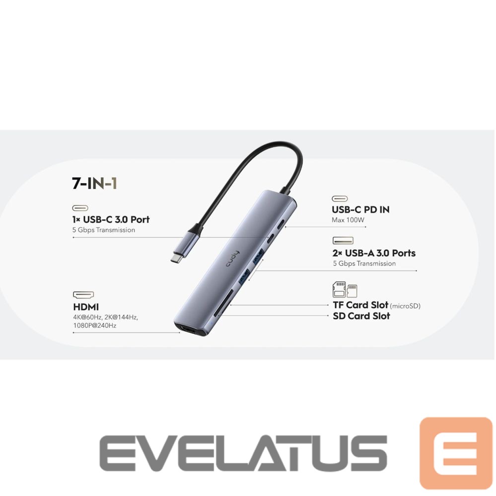 Routers Cudy UH407 PortMate USB-C 7-in-1 Hub 4K 60Hz HDMI USB-C PD USB-A SD TF Aluminum Grey