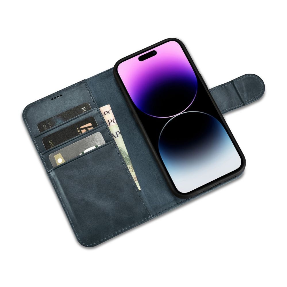 Aizmugurējais vāciņš iCarer iCarer Oil Wax Wallet Case 2in1 Cover iPhone 14 Pro Anti-RFID Leather Flip Case Blue (WMI14220722-BU)