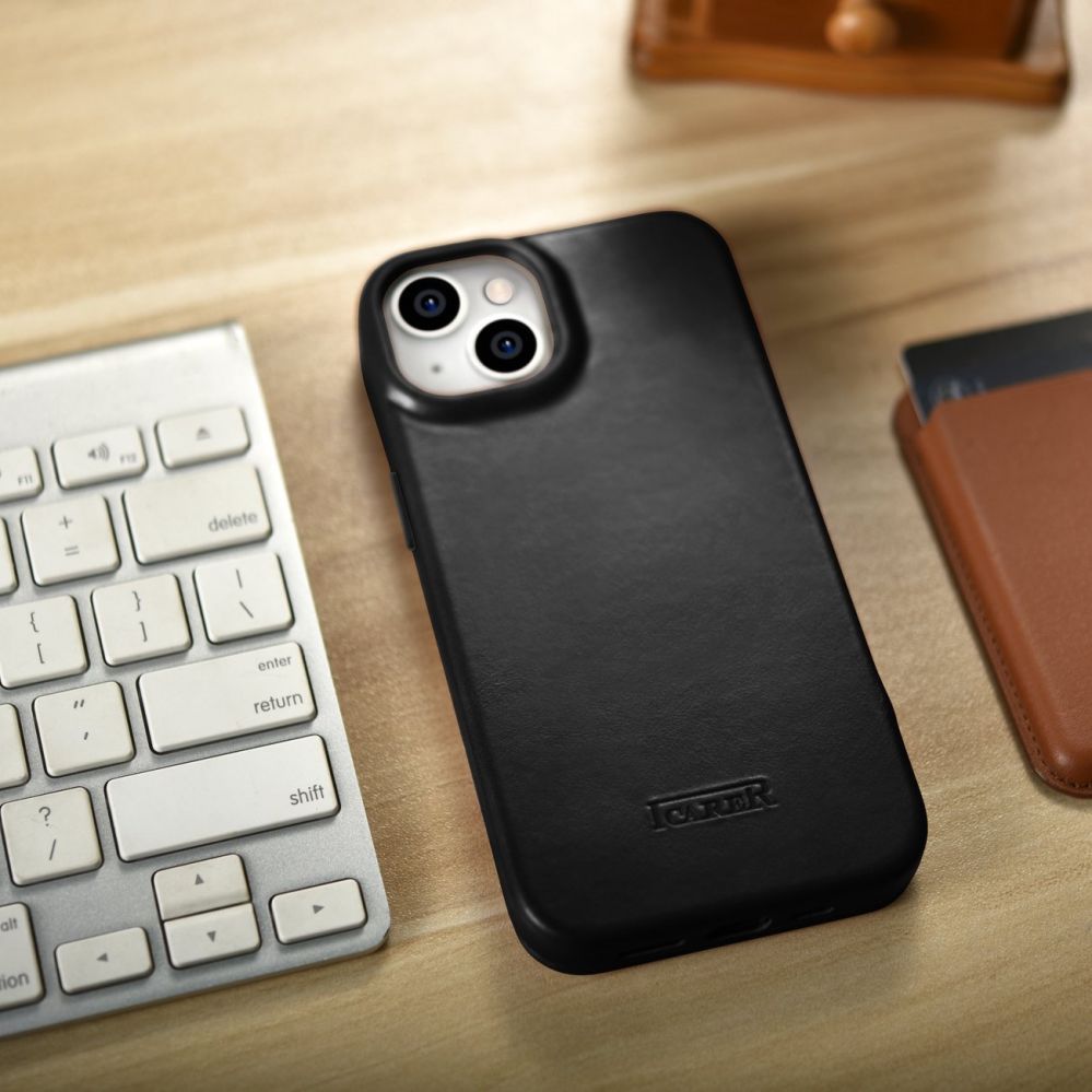 Back panel cover iCarer iCarer CE Oil Wax Premium Leather Folio Case Leather Case iPhone 14 Plus Magnetic Flip MagSafe Black (AKI14220707-BK)