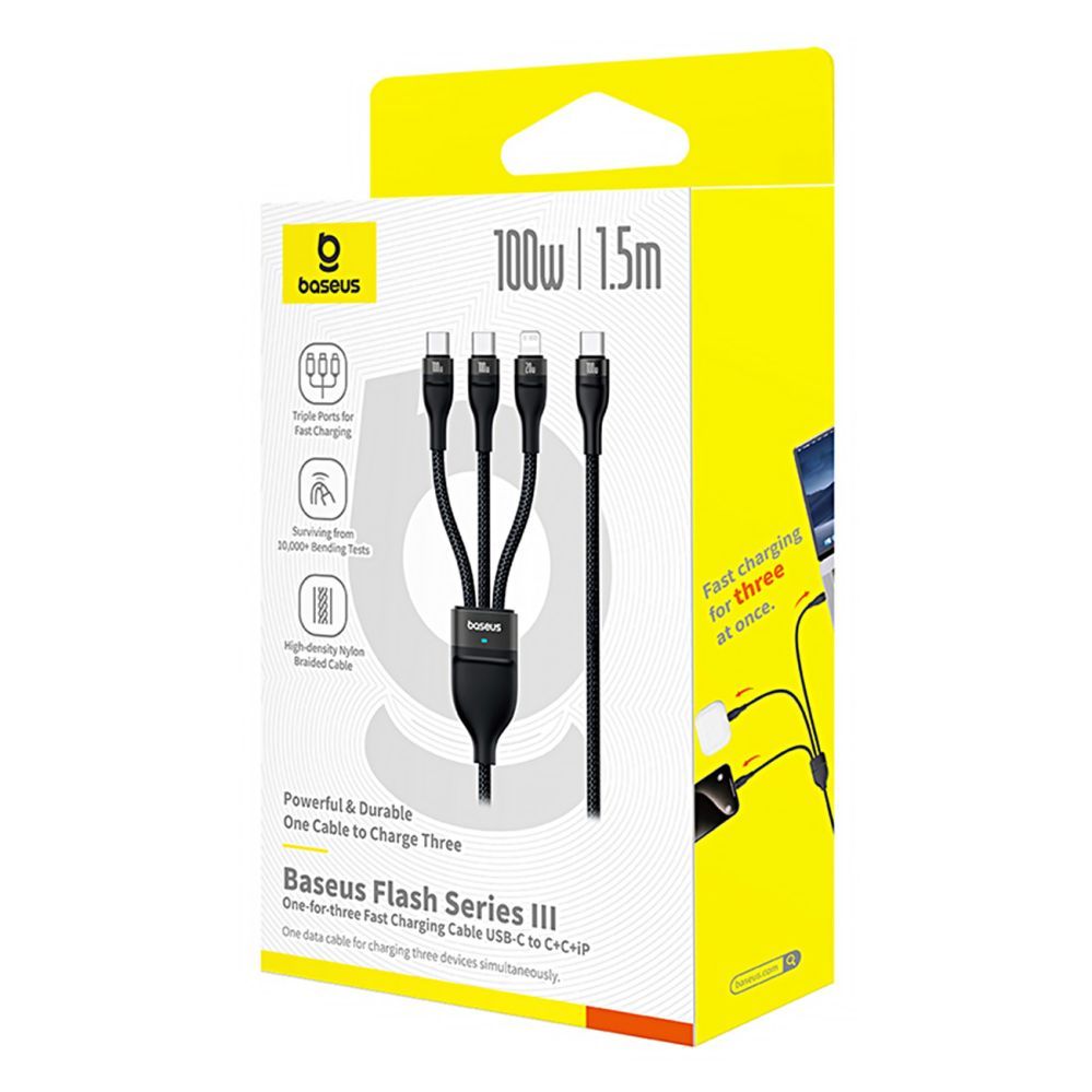 Cable Baseus Baseus Flash Series 3 3in1 cable 100W USB-C - USB-C+USB-C+ Lightning 1.5m + 3 x 0.25 m - black