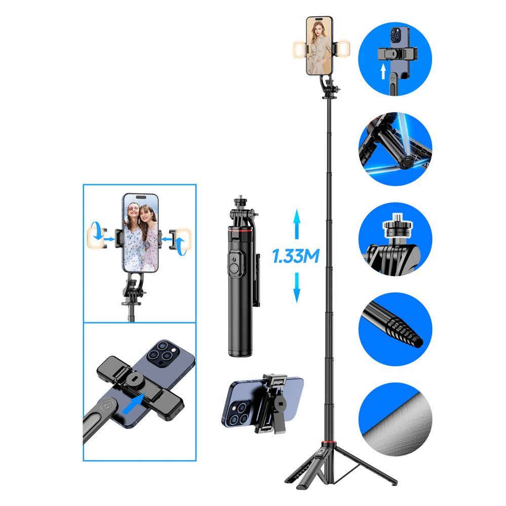 Camera accessory Hurtel Selfie stick WC12YDS 1.3m aluminum alloy telescopic tripod with dual lamp and phone holder - black