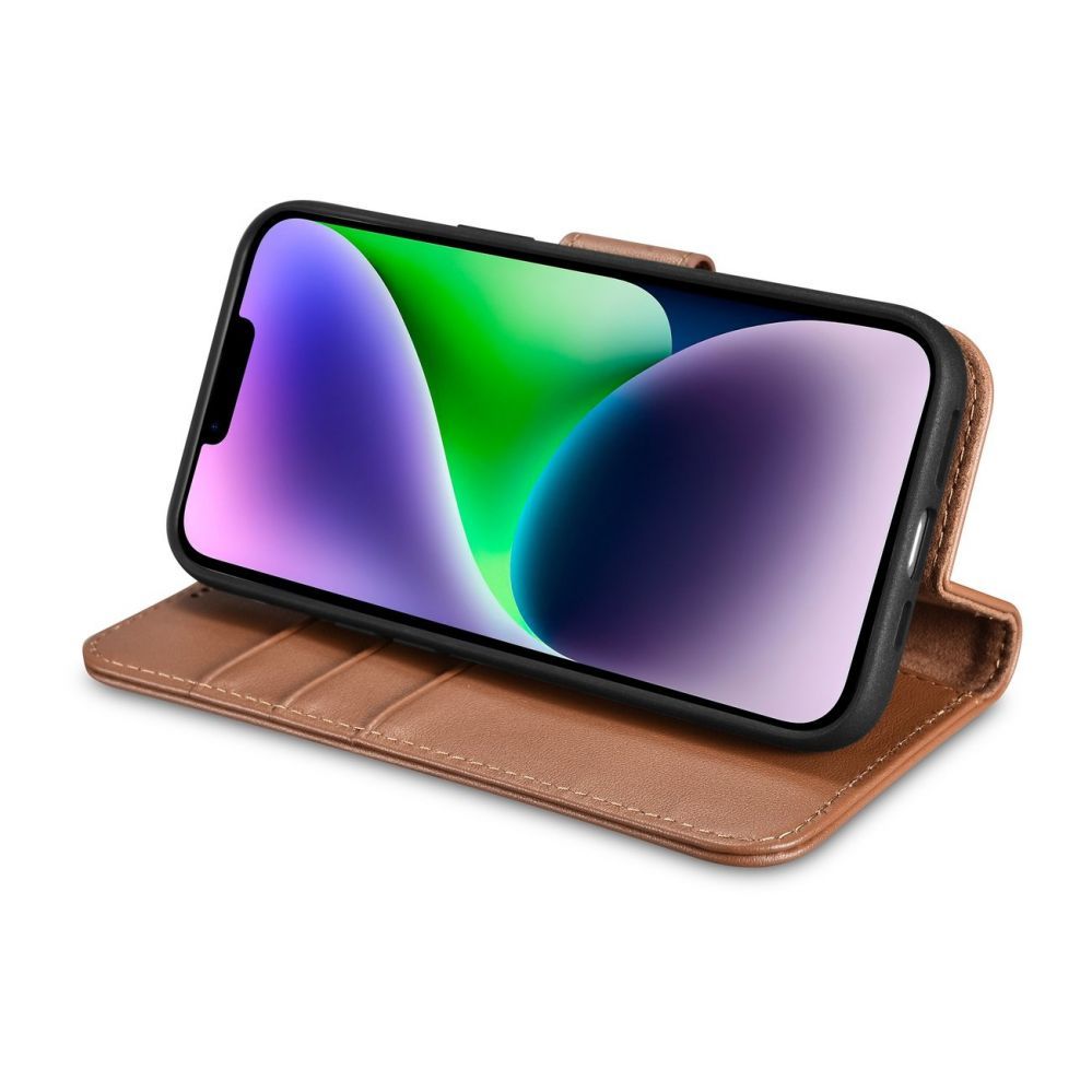 Tagakaaned iCarer iCarer Wallet Case 2in1 case iPhone 14 leather cover with flap Anti-RFID brown (WMI14220725-BN)