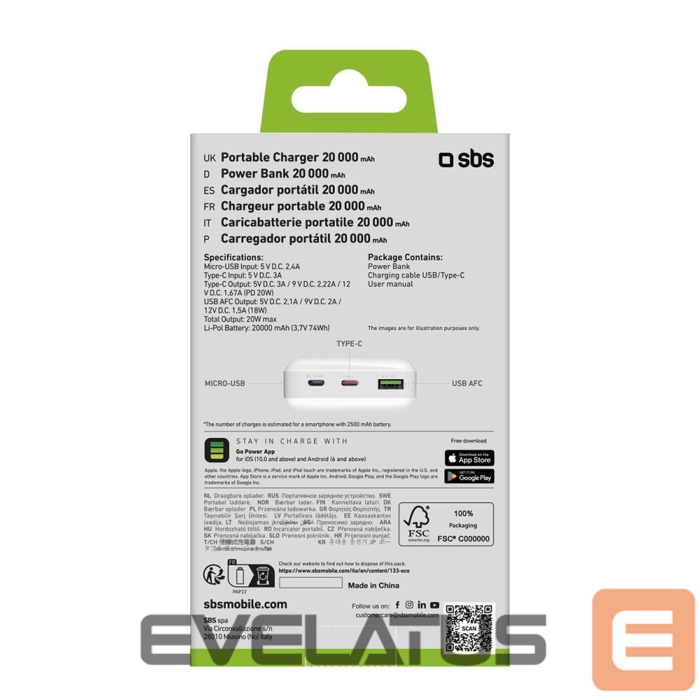 Power bank SBS Powerbank SBS TTBB20000PD20W 20000 mAh 20W Power Delivery with MicroUSB, USB-C, USB-A - white