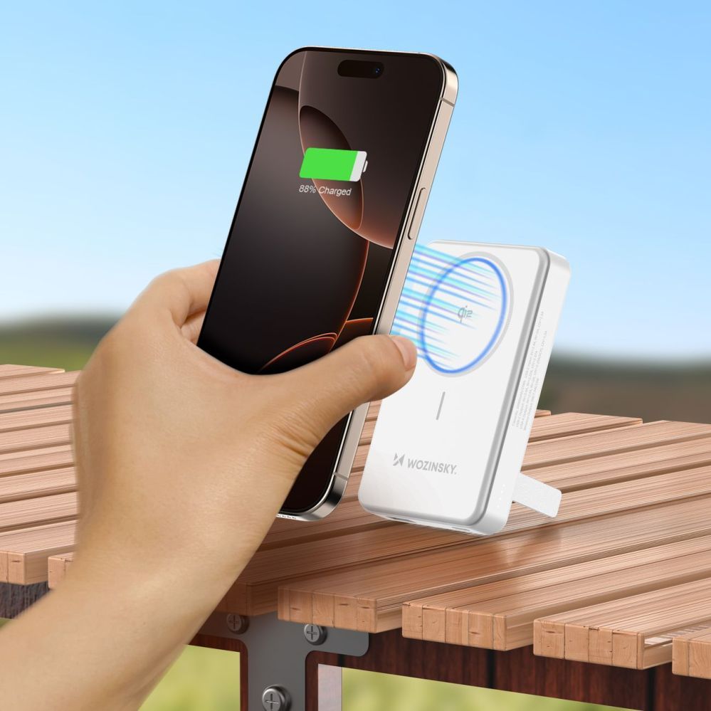 Väline aku Wozinsky Powerbank Wozinsky WLWP-10KA0Y3WS 22.5W PD Qi2 10000 mAh, with stand, 1x USB-A, 1x USB-C - white