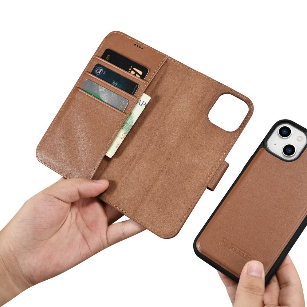 Tagakaaned iCarer iCarer Wallet Case 2in1 case iPhone 14 leather cover with flap Anti-RFID brown (WMI14220725-BN)