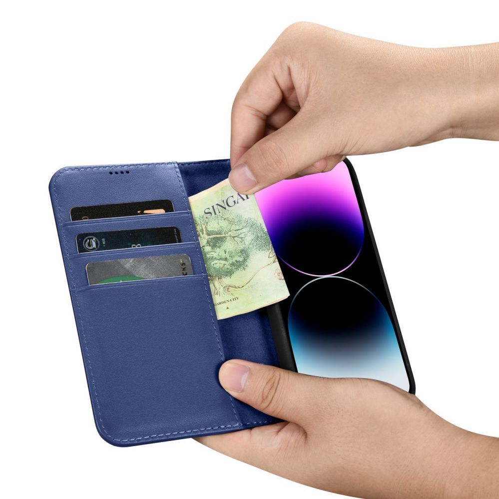 Tagakaaned iCarer iCarer Wallet Case 2in1 Cover iPhone 14 Pro Max Leather Flip Case Anti-RFID Blue (WMI14220728-BU)