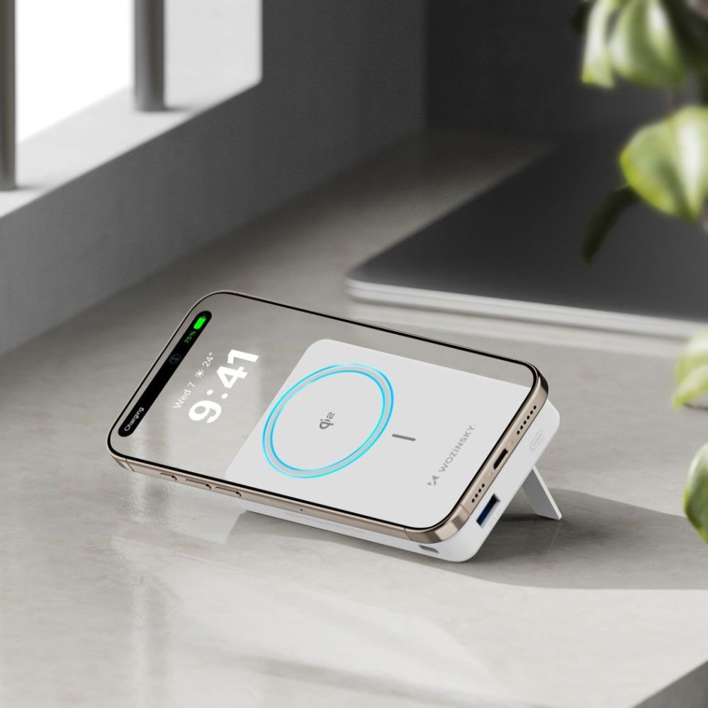Väline aku Wozinsky Powerbank Wozinsky WLWP-10KA0Y3WS 22.5W PD Qi2 10000 mAh, with stand, 1x USB-A, 1x USB-C - white